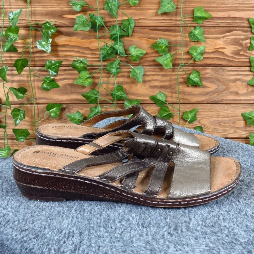 Naturalizer Leanna Women Sandal 9.5M Walking Pewter Metallic‎ Leather Strappy